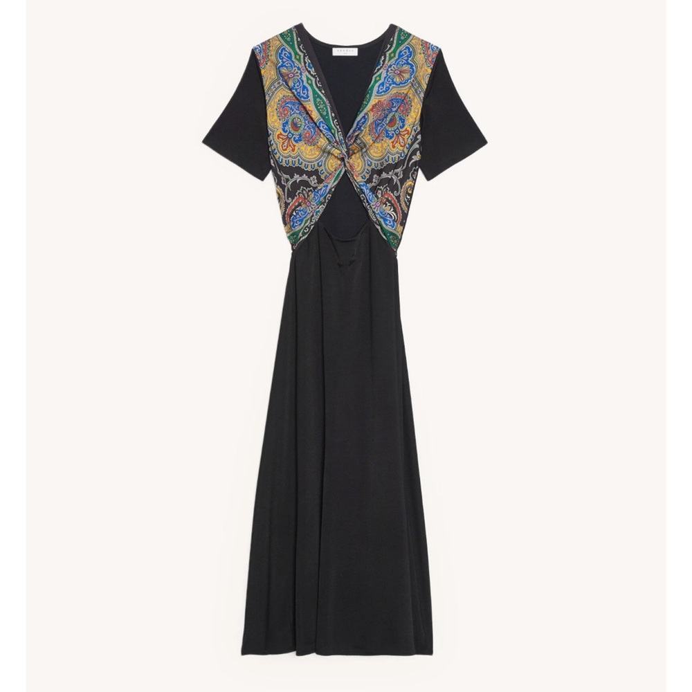 SANDRO Rabba Printed Satin Twill paneled Jersey Midi Dress Black size 6 $695 - Picture 6 of 16